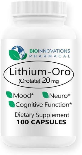 [BRSWYGIFO4AWCDT5] Lithium Oro 20 mg, Supports Healthy Mood Emotional Wellness, Behavior, and Memory. Bioavailable, 100 Caps (Elemental Lithium Orotate)