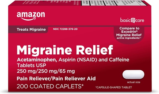 [BRSWGBAZBAHQ22D7]   Basic Care Migraine Relief, Acetaminophen, Aspirin (NSAID) and Caffeine Tablets, Headache Pain Reliever/Pain Reliever Aid, 200 Count
