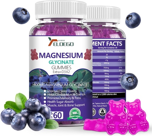 [BRSRAGINOEPWE234] Magnézium Gummies per Serving- Magnézium Glicinate 400mg és Magnézium Malate 200mg, Extra K2 & D3, Nagy abszorpció Magnézium kiegészítés alváshoz, stressz enyhítés, idegtámogatás, áfonya (60 CT)