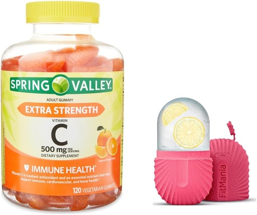 [BRSRAHAHCR5WGDYZ] Spring Valley Extra Strength Vitamin C Suplemento dietético Gummies vegetarianas, Orange, 500 mg, 120 Ct y Roller de hielo de regalo para cara