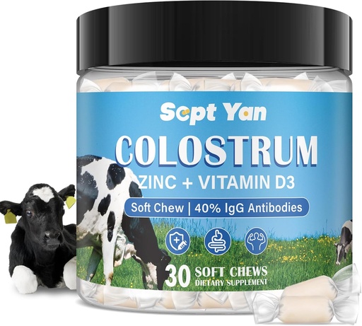 [BRSROAYZO5YQIHT7] Colostrum Soft Chew Supplement (3000mg + 40% IGG), concentracted Bovine Colostrum Superfood Plus Vitamin D3 & Zine for Gut Health, Imune Duction, Muscle Recovery & Wellness, Grass Fed, 30 Chews