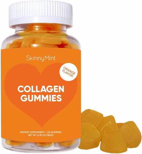 [BRSROGQLAEORGGQ2] SkinnyMint Collagen Gummies Supplement for Healthy Skin, Nails & Hair Support, Gluten Free Collagen Chewable Gummies for Men & Women, Natural Orange Flavor -60 Count(180G)- 1 Month Supply