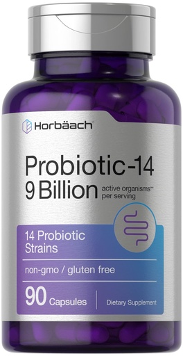 [BRSRMHD7CAHBEADG] Horbäach Probiotics for Women & Men | 14 Strains for Digestive Health | 9 Billion CFU | 90 Capsules | Non-GMO & Gluten Free Supplement