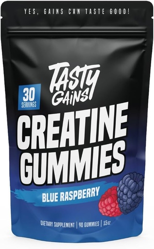 [BRSRAZIHOAGWCAIU] TASTY GAINS Creatine Gummies - 90g of Creatine Monohydrate - Workout Supplements - Build Muscle & Boost Strength for Men & Women - Made in USA - Non GMO - Vegan Friendly (Large, Blue Raspberry)
