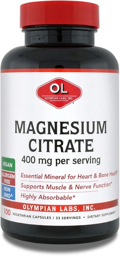 [BRSWIYQ4DENGCCTU] Olympian Labs Magnesium Citrate, 400mg 33 Servings, Support Healthy Nervous System, Muscle & Bone, 100 Capsules