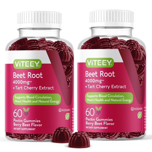 [BRSRMZY7CUNBUFLU] Viteey Beet Root Gummies 4000mg [from 80mg of 50:1 Extract] with Tart Cherry - for Healthy Blood Pressure Support - Vegan, Gelatin Free, Gluten Free-Tasty Chewable Berry Beet Flavored Gummy-120 Count