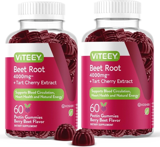 [BRSRMZY7CUNBUFLU] Viteey Beet Root Gummies with Tart Cherry - Beetroot Supplement for Heart Health, Blood Pressure Support - Vegan, Gluten-Free - 120 Count