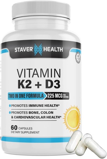 [BRSROZQ3AADRADY7] Vitamin K2 D3 w/Calcium and Bioperine, Vitamin K2 (MK7) with D3 Supplement Non-GMO, Vitamin D3, Vitamin K2 MK-7 Easy to Swallow Vitamin D & K Complex, 60 Capsules
