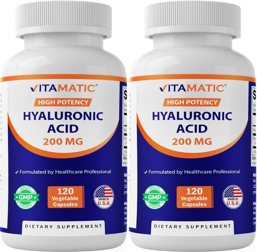 [BRSWYAA6BEJR6HQY] Vitamatic 2 Pack Hyaluronic Acid Supplements 200mg - Supports Healthy Connective Tissue and Joints - Promote Youthful Healthy Skin - Total 240 Capsules