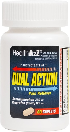 [BRSROCDYPMBQY3I2] HealthA2Z® Dual Action Pain Relief | Acetaminophen 250mg & Ibuprofen 125mg (NSAID) | Dous medicamentos para a dor de cabeza, febre e alivio da dor | aliviar a dor e reducir a febre | 80 Caplets