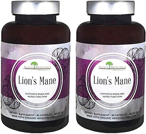 [BRSWYHTQCF6A2333] Aloha Medicinals Lion 's Mane, 인증 유기농 버섯 보충, 팩 2, 90 캡슐 각각