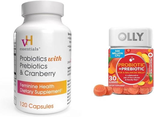 [BRSRAYYYAQIQY33F] vH essentials Probiotics with Prebiotics and Cranberry Feminine Health Capsules Bundle with OLLY Probiotic + Prebiotic Gummy Digestive and Gut Health Chewable Supplement