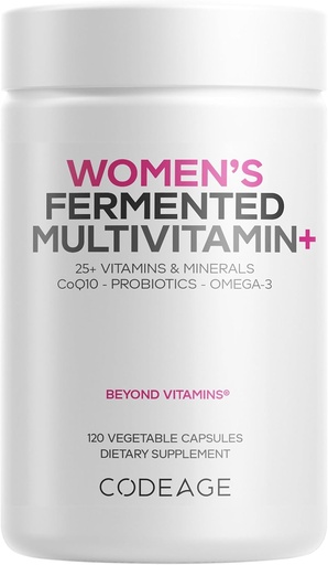 [BRSWGHANCJ6GACD3] Codeage Women’s Daily Multivitamin, 25+ Vitamins & Minerals, Fermented, Organic Whole Foods, Probiotics Supplement - Vitamin A, B, C, D, E & K, Omega 3, Zinc – Vegan - 120 Capsules