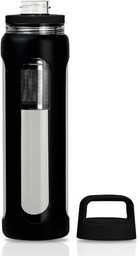 [BRSRAFD6AEDQM3D7] 20oz Glass Water Bottle with Silicone Sleeve, 600ml Mug with 2 Tier Lid (Wide Mouth and Small Mouth Straight Drinking) with Tea Leak Bottle - Gym Yoga Outdoor Activities (Black)