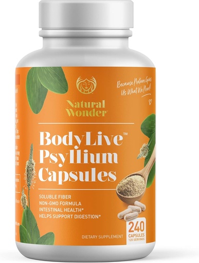 [BRSW2EAZCEIWECL5] BodyLive Psyllium Husk Fiber Capsule Non-GMO 725mg, 240 kapslar (1450mg / servering, 120 portioner) Supplement för Colon Cleanse, Regularity, Healthy Digestion, Prebiotic, Laxative, Heart Health