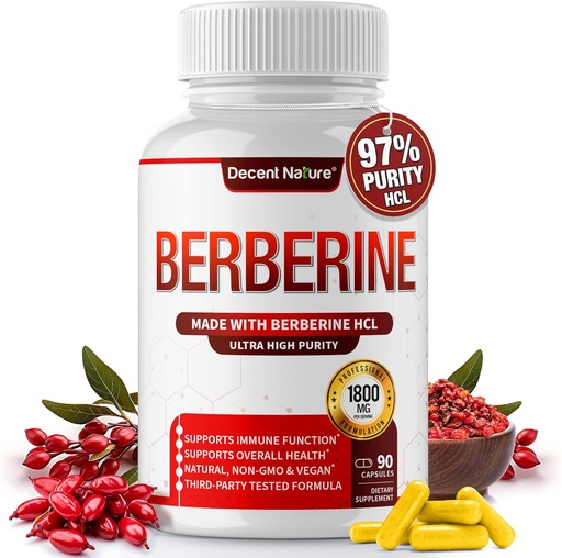 [BRSROCYEAEGQEYDG] Berberine Supplement 1800mg - Premium Berberine HCl 97% Wysoka Czystość, Wspiera system immunologiczny, Wysoka Moc Hydrochlorki i Ekstrakt, Aktywuje AMPK & GLP-1, Non-GMO Wegan, dla mężczyzn Kobieta 90 Kapsułki