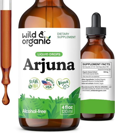 [BRSRAGQFDMHWA3TA] Wild & Organic Arjuna Bark Tincture - Overall Well-Being Supplement - Alcohol-Free Liquid Drops - Terminalia Arjuna Bark Extract - No Sugar & Additives, Non-GMO - 4 fl oz