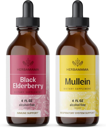 [BRSRAGABOQHAA3A4] HERBAMAMA Herbal Liquid Drops Kit - Bundle of Black Elderberry Extract and Mullein Leaf Tincture 4 fl oz - Vegan, Non-GMO, Sugar & Alcohol-Free - 2 Pack