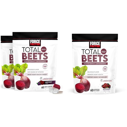 [BRSRAYYYAUFB6CTF] Force Factor Total Beets Soft Chews with Beetroot, Nitrates, L-Citrulline, Grapeseed Extract & Antioxidants, Healthy Energy Supplement, 120 Count 2-Pack & 60 Count