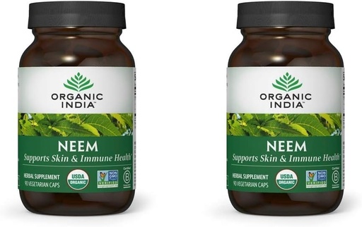 [BRSWYCQFCR4BGELZ] ORGANIC INDIA Neem Leaf Κάψουλες, συμπλήρωμα βοτάνων - Υποστηρίζει το δέρμα, ανοσοποιητικό, & ηπατική υγεία, Detox, Vegan, χωρίς γλουτένη, USDA Certified Organic - 90 κάψουλες (2-πακέτο)