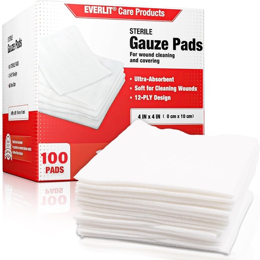 [BRSWYCAQOQPG22TJ] EVERLIT [Extra-Thick] 4''x4'' Sterile Gauze Pad 12-Ply, 100 Pack, Individual Wrapped, Ultra Absorbent Large Non-Woven Medical Gauze Sponges for Wound Care Home First Aid Kit
