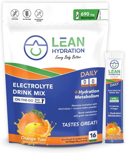 [BRSRMBQNC4PGOCYU] Daily Electrolyte Packets Drink Mix | Zero Calories, Zero Sugar Plus Vitamins, Minerals & More | 16 ct (Orange Yuzu)