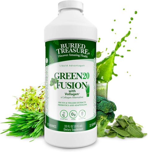 [BRSROEAYCMCWO3LJ] Buried Treasure Green20 Fusion – Superfood Blend with Vollagen for Skin, Hair, and Joint Support, Plant-Based, Vegan, Non-GMO Gluten-Free, Dairy-Free, Soy-Free, 32oz Liquid
