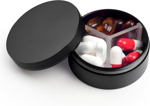 [BRSRAGQKDMMAYALA] Small Pill Case 3 Compartments, Metal Round Portable Pill Box, Waterproof Travel Pill Organizer, Pocket Purse Medicine Vitamin Holder EDC Container (Black)