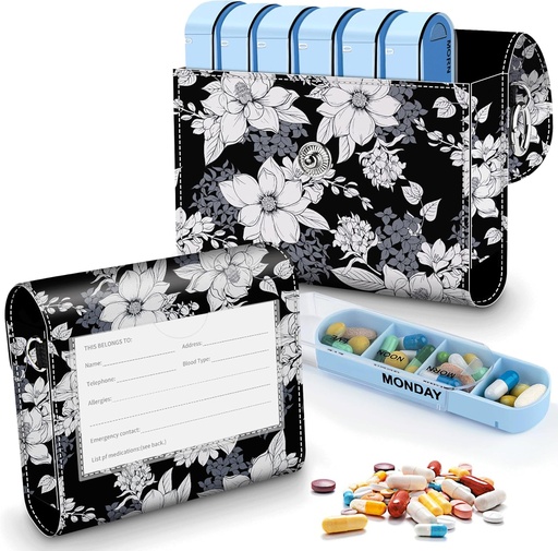 [BRSROZARBUBBAH3A] Pill Organizer Case, Weekly Travel Pill Case Medication Reminder Daily AM PM, Day Night 7 Compartments,for 4 Times A Day, 7 Days a Week-Includes Elegant Printed Leather Carrying Case