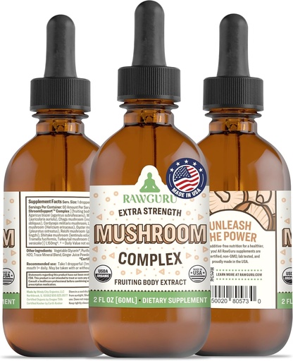 [BRSROGARPN6R6H3H] RawGuru Organic Mushroom Complex Tincture - Organic Mushroom Extract with Trace Minerals - Nano-Processed Cognitive & Immune Support Supplement - 60 Servings of Vegan Drops per 60 ml, Pack of 1