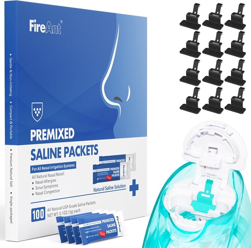 [BRSROBI3AQHB43D6] FireAnt 100 Saline Packets und 12 wiederverwendbare Saline Pods Refills Set, kompatibel mit Navage Nasal Care - Enthält 100 Count Salt Packets Sinus Rinse + 12 Pack Silikon Salz Pads Refill in Schwarz