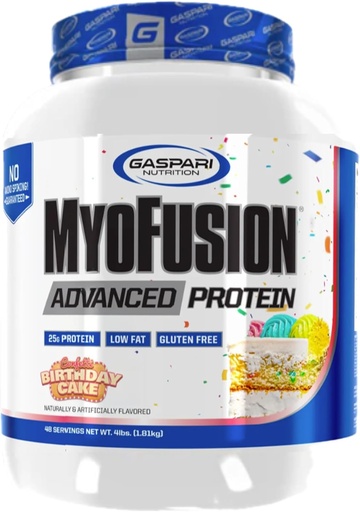 [BRSROA37AQNRQAIZ] Gaspari Nutrition Myofusion Advanced Protein, Protein Blend with Whey Protein, Casein Protein and Isolate Protein, Low Fat and Gluten Free (Birthday Cake, 4 Pound)