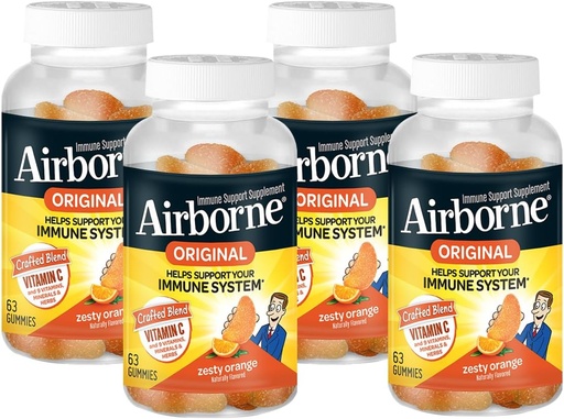 [BRSWGYAPCEPQ4DL3] Airborne 750mg vitamín C Imunitní Supplement Gummies pro dospělé, Zesty Orange Flavor, gluten zdarma Vyrobené míchání s výkonnými antioxidanty Vitamíny A C & E, 63 Gummies (4 balení)