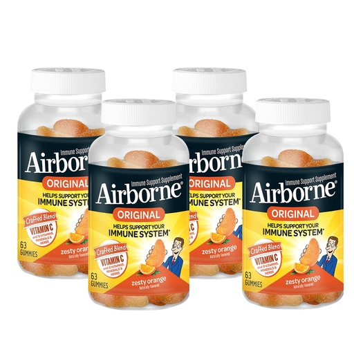 [BRSWGYAPCEPQ4DL3] Airborne Immune Support Gummies, Zesty Orange Flavor, 63 ct - 750 mg Vitamin C + Vitamins A, D & E + Zinc, Selenium, and Manganese | with Herbal Blend | Naturally Flavored (4 Pack)