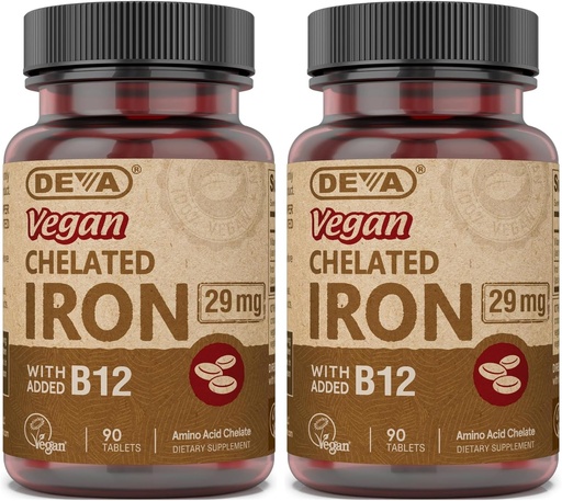 [BRSWIZYQCEOBCFTK] DEVA เวก้า Cheltedd เหล็ก 29 mg Fourd with B-12 - High Potenty, ง่ายต่อการกลืน - 90 แผ่น, 2-Pack