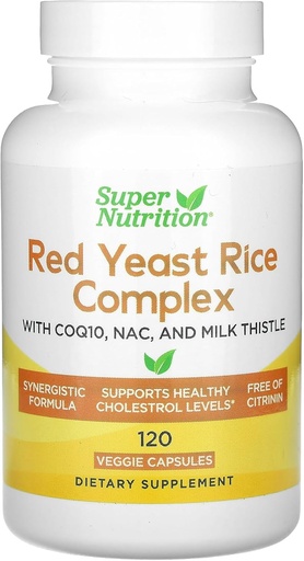 [BRSROAL3PMJWGCLV] Super Nutrition Red Yeast Rice Complex Organic Red Yeast Rice, N-Acetyl Cystein, Coenzim Q10, és Milk Thistle kivonat, 120 Veggie kapszula