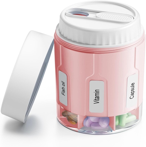 [BRSROBIBOYFAM3Y4] Daviky Pill Bottle Organizer, Supplement Organizer with 7 Large Compartments, Travel Pill Dispenser Round Pill Box with Two Lids（Pink+White）