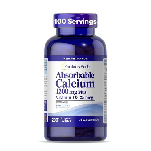 [BRSWIEYPOQBQGH32] Puritan's Pride Absorbable Calcium 1200 mg Plus Vitamin D3 25mcg 1000 IU with Bone-Active™, 200 Rapid Release Softgels