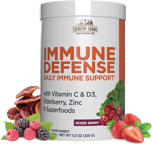 [BRSWY2QZBUBG233G] COUNTRY FARMS Immune Defense Superfoods, Immune Support Supplement, Vitamin C with Black Elderberry, Echinacea, Turmeric, Supports Hydration, with Probiotics and Prebiotics, Berry Flavor, 40 Servings