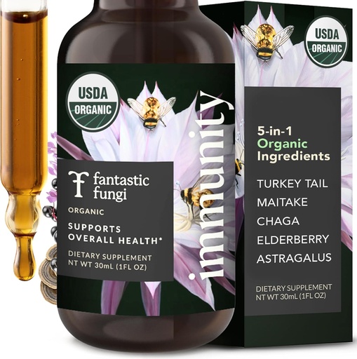 [BRSROYAYBYJW2CLH] Fantastiske Fungi Mushroom Extract Drops - Immunitet Elixir med Tyrkia Tail Mushroom Extract, Maitake, Elderbær, Chaga & Astragalus - 5-i-1 Organic Immune Support Supplement, 30 Serveringer, 1 fl oz