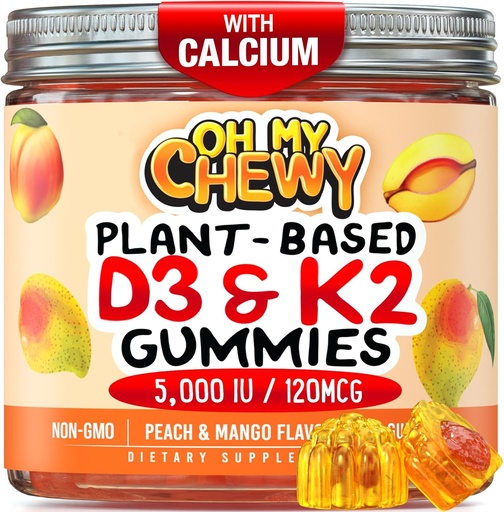 [BRSRAZD2OUBAA2TD] Center-Filled Vitamin D3 K2 Gummies - Kids, Teens & Adults - Supplement for Healthy Teeth, Bone, Energy & Immunity - 5000 IU D3, 120 mcg K2(MK-7), 120 mg Calcium - Vegan & Non-GMO - 120 Count