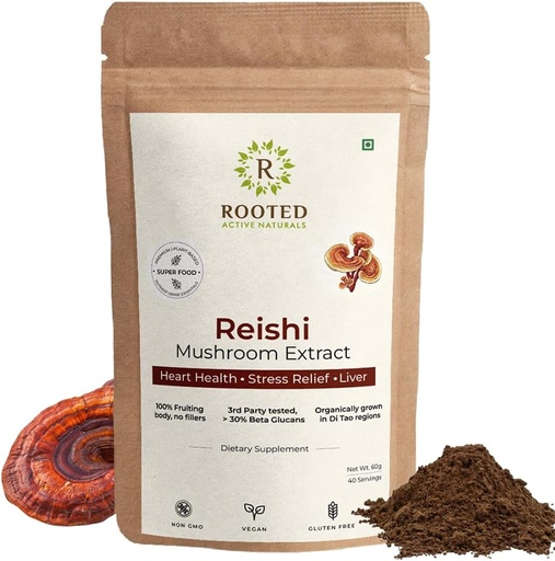 [BRSRMAACAQGQACQY] ROOTED Reishi Mushroom Extract Powder | Heart Health, Stress Relief, Liver. USDA Organic, 30% Beta Glucans, Certified Organic (2.11 Ounce)