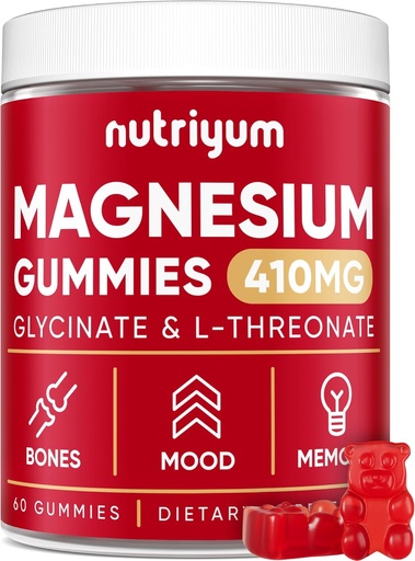 [BRSRAZYLOIDRQHTA] Magnesium Glycinate Gummies for Adults & Kids - 410mg Elemental Magnesium L-Threonate Chewables for Bones & Memory Support, Calm Mood - 2 Month Supply Magnesium Gummies Supplement Complex - 60 pcs