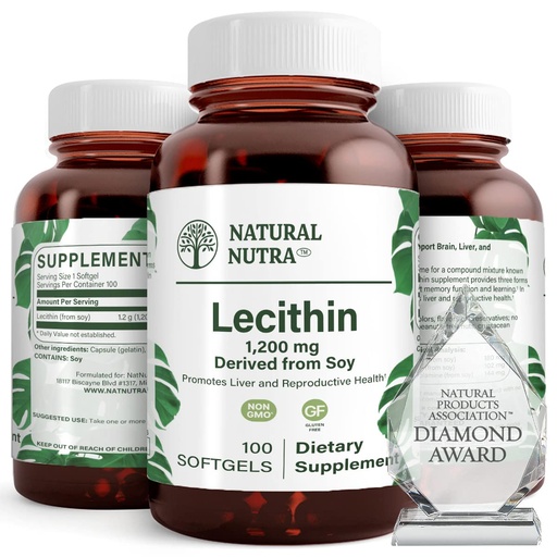 [BRSWIBQADJ7QYEQ5] Natural Nutra Soy Lecithin 1200 mg Dietary Supplement - Brain Function, Liver Health, Hepls Breast Health, Memory Boosting Supplement - Gluten-Free, BPA-Free, 100 Softgels in Recyclable Glass Bottles
