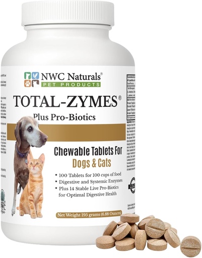 [BRSWIGA2OV7BCCDY] NWC Naturals Total-Zymes Plus Vegetarian Digestive Enzymes for Dogs & Cats, Supports a Healthy Digestive Tract & Immune System, Advanced Probiotics & Prebiotics- 100 Chewable Tablets
