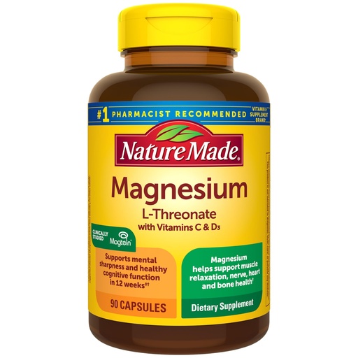 [BRSW2FI6AEHRGCTJ] Nature Made Magnesium L-Threonate with Vitamin C & Vitamin D3, Provides 130 mg of Mag from 1800 mg Magnesium L Threonate, Cognitive Support Magnesium Supplement, 90 Capsules, 30 Day Supply