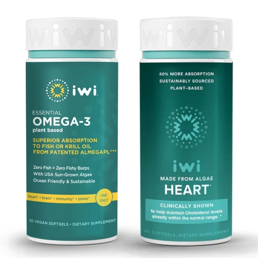 [BRSRAYLRAUHBQYDK] Iwi Omega-3 Essential & Heart Omega-3 Bundle, 30 Servings, Vegan Plant-Based Algae Omega 3, Krill & Fish Oil Alternative, No Fishy Aftertaste