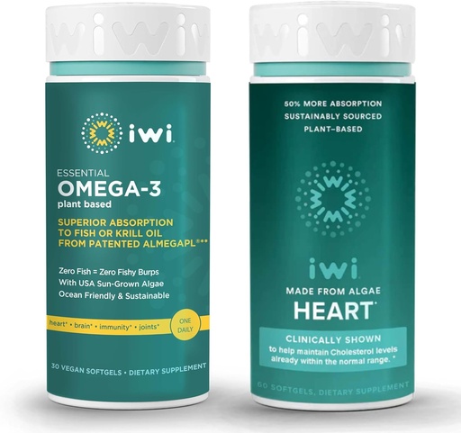 [BRSRAYLRAUHBQYDK] Iwi Omega-3 Essential & Heart Omega-3 Bundle, 30 Servings, Veganska rastlinska osnova Algae Omega 3, Krill & Fish Oil Alternative, Brez ribjega pookusa