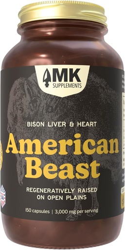[BRSRAATYCV6GMYAZ] MK Supplements American Beast, Bison Organ Supplement for Athletes, Supports Strength, Endurance & Recovery, Freeze-Dried, Non-GMO, Bison Liver & Bison Heart, 30 Servings (3,000 mg Each)