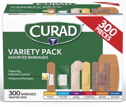 [BRSWKHD7C54QYEL5] CURAD Assorted Bandages Variety Pack, 300 Count, 6 Styles Including Antibacterial, Waterproof, Sheer, Plastic, Heavy Duty & Flex-Fabric, Protects Scrapes, Cuts & Burns, Latex-Free